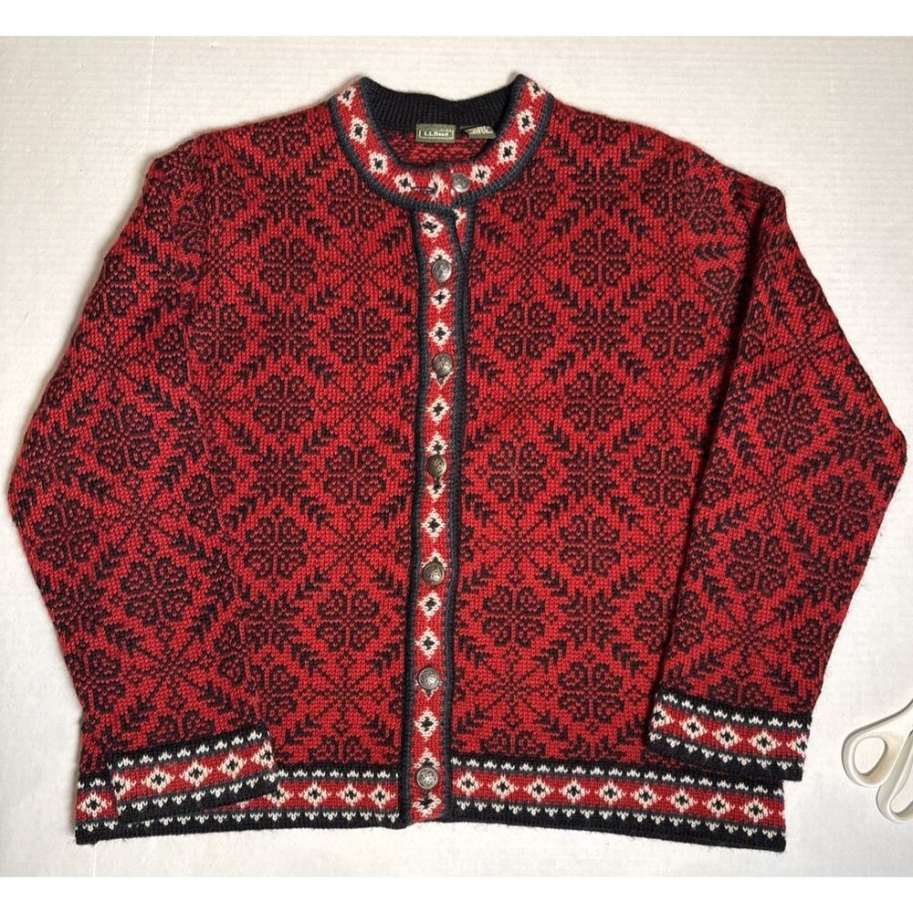LL Bean Nordic Cardigan Merino Wool Small Red Button Fair Isle   C-44" Med L - Picture 4 of 9